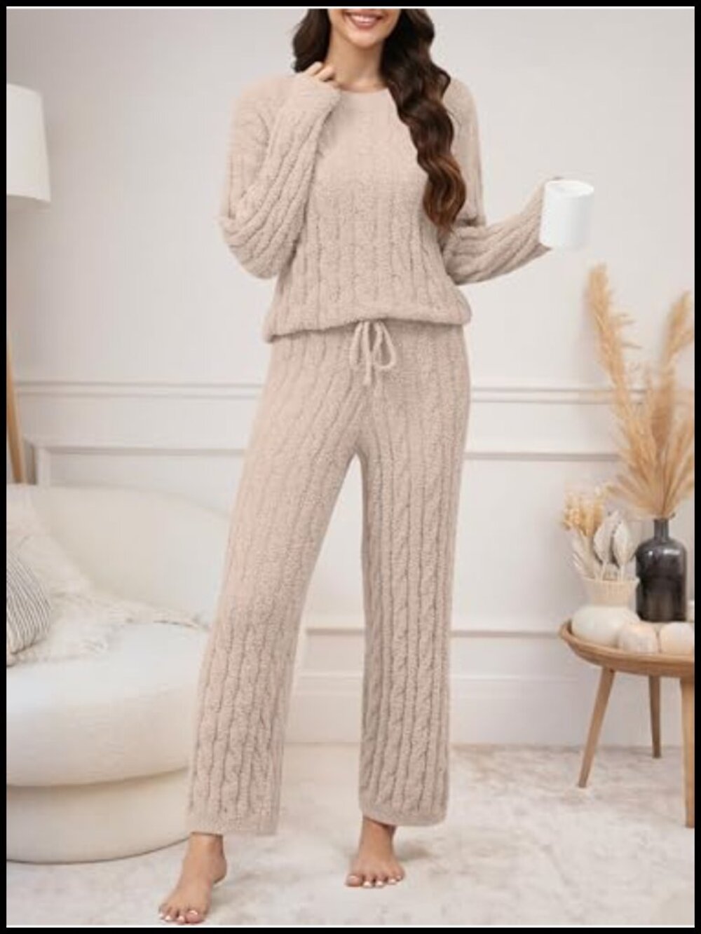 Cozy Cable Knit Sweater and Wide Leg Pants Lounge Set for Women - Picture 3 of 6
